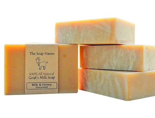 4 Goat Milk Soap Bars with Honey - Handmade in USA. All Natural Soap, Unscented, Fragrance Free, Fresh Goats Milk. Wonderful for Sensitive Skin and Babies. SLS, Paraben, GMO-Free