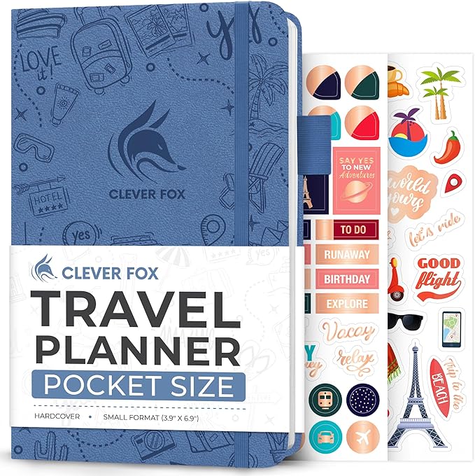 Clever Fox Travel Journal Pocket – Vacation & Road Trip Itinerary Planner Organizer & Traveling Memory Diary – Small Traveler Notebook (Smoke Blue)