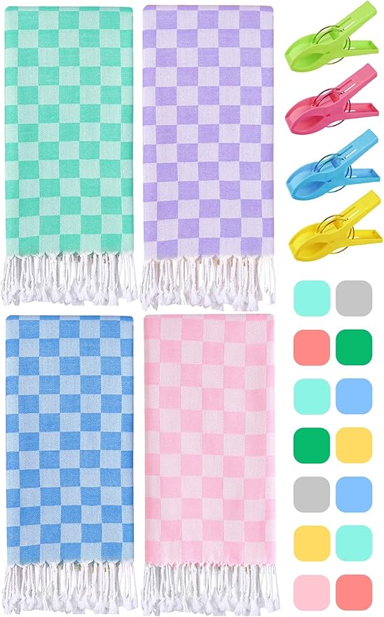 4 Packs Turkish Beach Towel Blanket Set Pool Bath Towels Bulk Multipack Travel Sand Free Quick Dry Extra Large Oversized Cute Big Cotton Soft Lightweight Compact Checkered Proof Cloud Men Women Adult