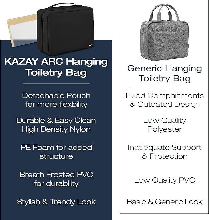 KAZAY Hanging Toiletry Bag with TSA Approved Detachable Pouch, Travel Toiletry Bag, Water Resistant, Premium Nylon, Travel Size Toiletries Cosmetic Bag, Makeup Bag, Unisex (Black)