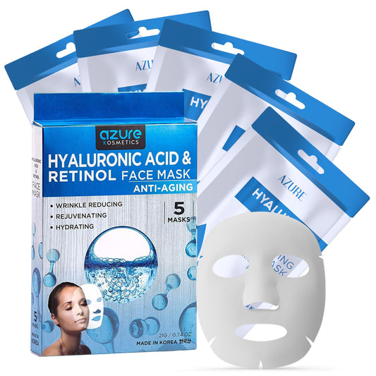 Azure Cosmetics Hyaluronic Acid & Retinol Face Mask - Dermatologist Tested - Rejuvenating & Hydrating Sheet Mask - Reduce Fine Lines & Wrinkles, Smooths & Repairs - Korean Skin Care - Pack of 5