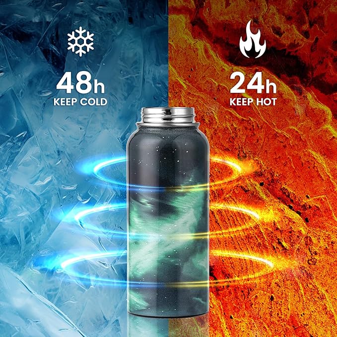 32oz Insulated Water Bottle, Triple Wall Vacuum Stainless Steel Water Bottles - Keeps Cold 48H, Reusable Metal water flask Jug for Gym, Sports, Camping, Hiking,Travel, Northern Lights Green