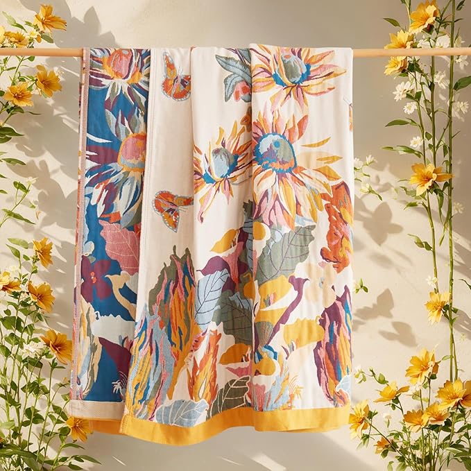 Boho Throw Blanket for Couch 100% Cotton Ultra Soft Rustic Quilt Butterfly and Floral Double Embroidery Fall Throw Blanket,50" x 60" All Season Throws for Sofa Chair