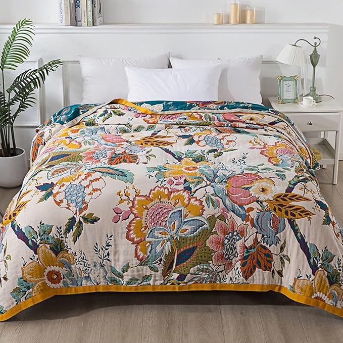 Boho Throw Blanket for Couch, Queen Size Bohemian Bedspread Blankets, Cozy Warm Lightweight Cotton Throw Blanket, Reversible Fall Blanket Floral Pattern, 80"X90"