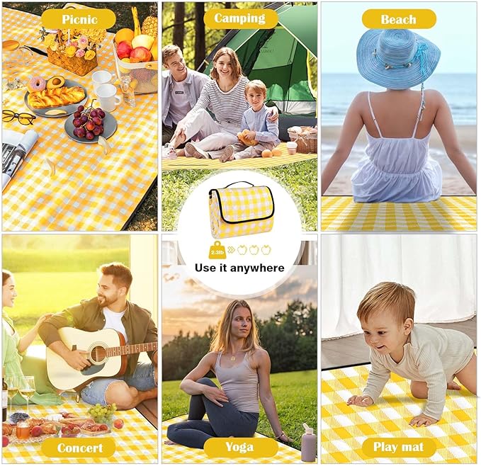 78.7’’* 78.7’’ Extra Large Waterproof Picnic Blankets, Three-Layer Thick Foldable Outdoor Blanket, All-in-one Portable, Suitable for Park Picnics, Camping, Beach, Indoor Blanket (Yellow)