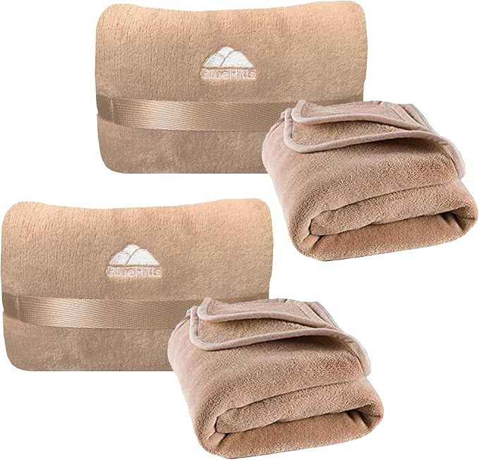 BlueHills 2-Pack Mini Premium Soft Plush Travel Blanket Pillow Airplane Essentials for Two in bag Flight Traveling Warm Portable Plane Blankets Compact Cozy Traveler Backpack Blankets Warm Beige - M26