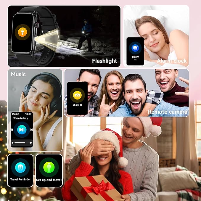 KPEP Health Fitness Watch with LED Flashlight, 24/7 Stress/Blood Pressure/SpO2/Heart Rate/Sleep Monitor, 100+ Sport Modes Calorie Counter Pedometer IP68 Waterproof Fitness Tracker for Men Women, Black