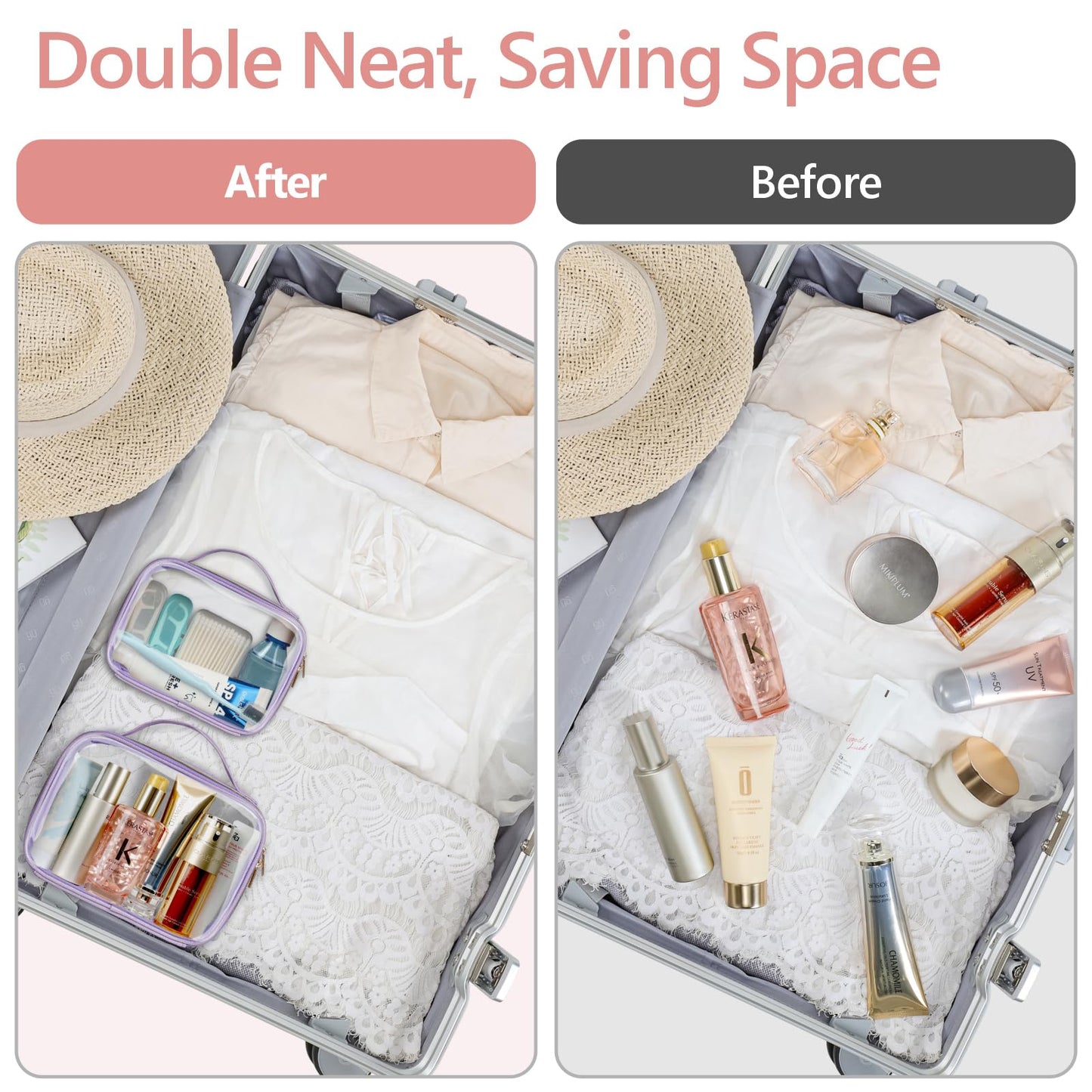 PACKISM TSA Approved Toiletry Bag - Glitter Textured Clear Travel Bag, Personalized and Fashion, with 180° Large Opening and Supporting Frame, Perfect for Travel Essentials, Thick No Smell, Purple