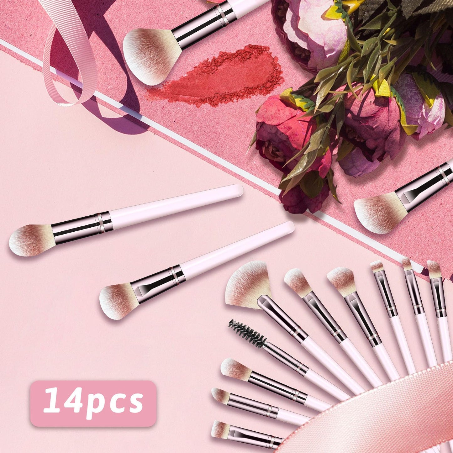 Makeup Brush Set, Premium Synthetic 14 Pcs Makeup Brushes, Travel Makeup Brush Set for Foundation, Concealer, Blush and Eyeshadow Brush(Pink)