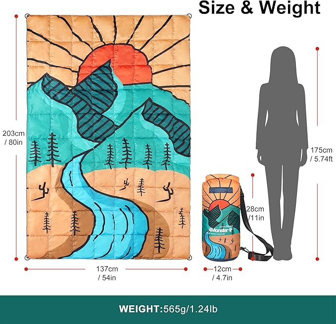 4Monster Down Camping Blanket - Outdoor Travel Quilt Puffy 650 Fill, Packable, Lightweight,Wind & Waterproof | Ideal for Stadium, Backpacking,Picnics, Beach and Hiking