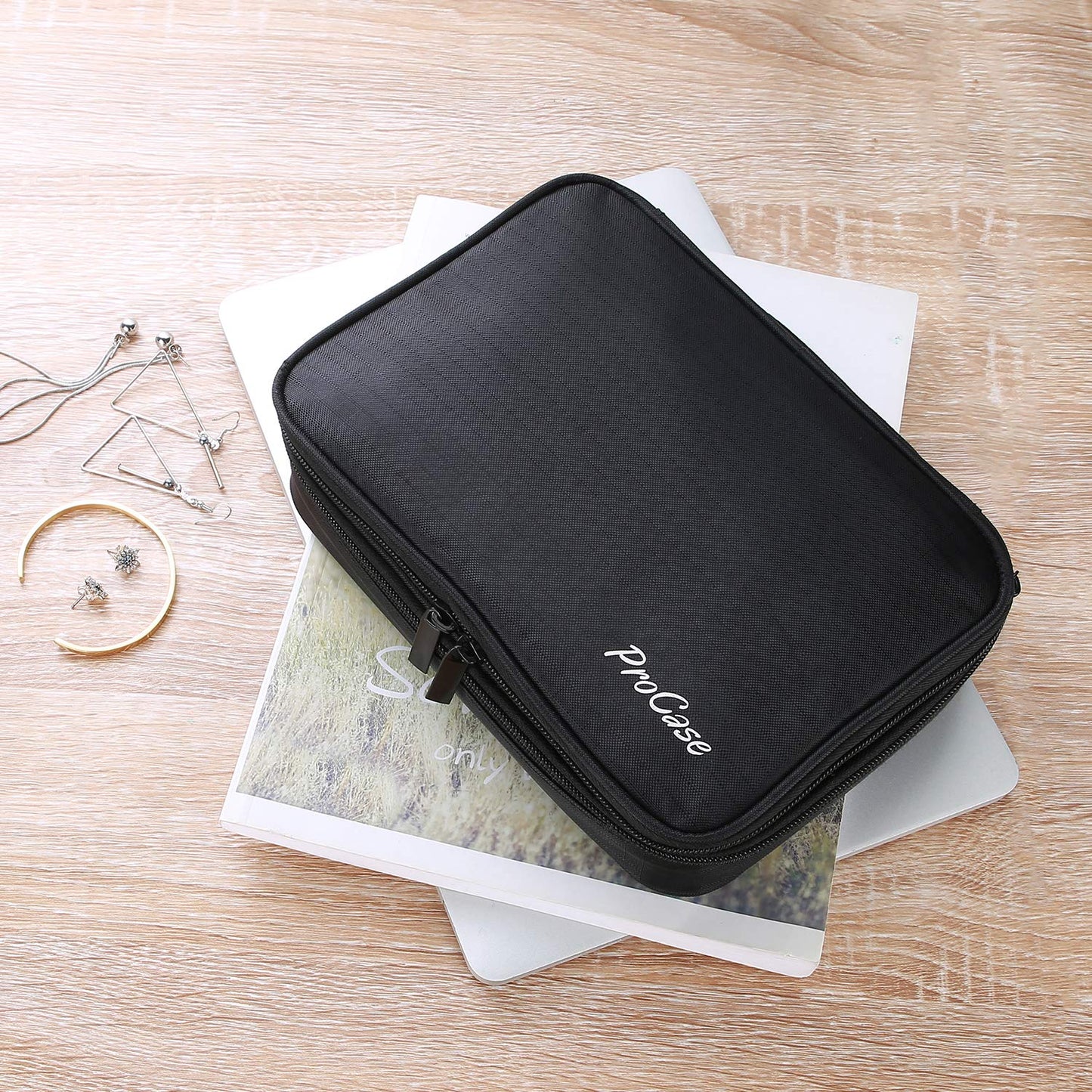 ProCase Travel Jewelry Case Organizer Bag, Soft Padded Jewelry Carrying Pouch Portable Storage Holder for Earrings Ring Necklace Bracelet Chain -Black