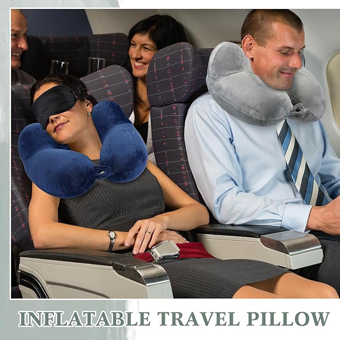 Sintuff 4 Sets Inflatable Travel Pillows for Airplanes with Compact Bag and Blindfold Velvet Inflatable Neck Pillow for Traveling Head Support U Shaped Flight, 12 x 12 x 5.5 Inch(Multi Color)