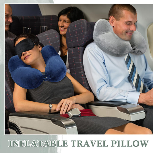 Sintuff 4 Sets Inflatable Travel Pillows for Airplanes with Compact Bag and Blindfold Velvet Inflatable Neck Pillow for Traveling Head Support U Shaped Flight, 12 x 12 x 5.5 Inch(Multi Color)