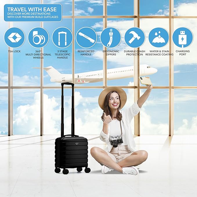 Carry On Suitcase Hardside TSA Lock & USB Port Silent Double Spinner Wheels Maximum Underseat Carry-On Bag For Virgin & South West Approved Airlines( 16.25x13.5x8" ,Black )