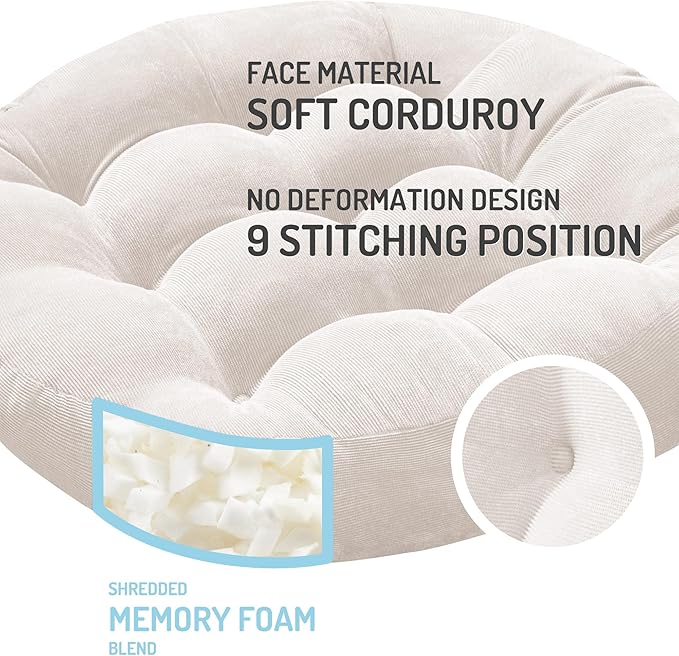 Degrees of Comfort Meditation Floor Pillow, Round Large Pillows Seating for Adults, Tufted Corduroy Cushion for Living Room Tatami, Beige 22 Inch