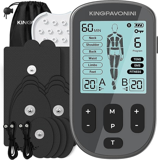 KingPavonini 3-in-1 TENS Unit Muscle Stimulator for Pain Relief Therapy, Dual Channel 36 Modes TENS Machine with 12 Pads, Rechargeable & Portable EMS Muscle Stimulator for Back, Shoulder, Neck