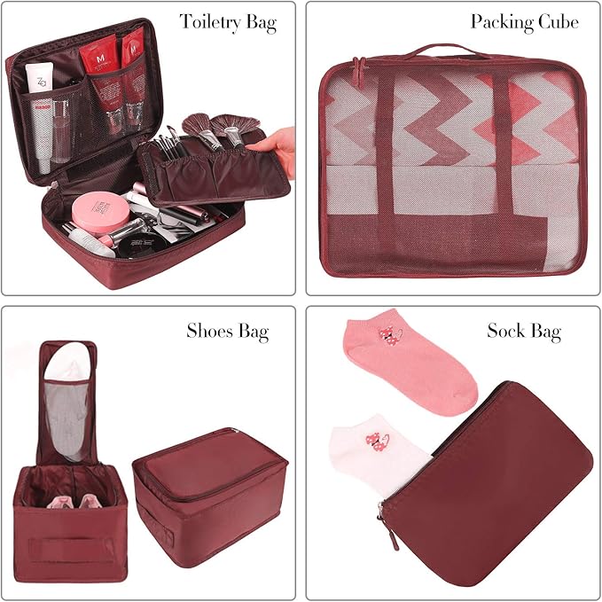BAGAIL 8 Set Packing Cubes Luggage Packing Organizers for Travel Accessories-Wine Red