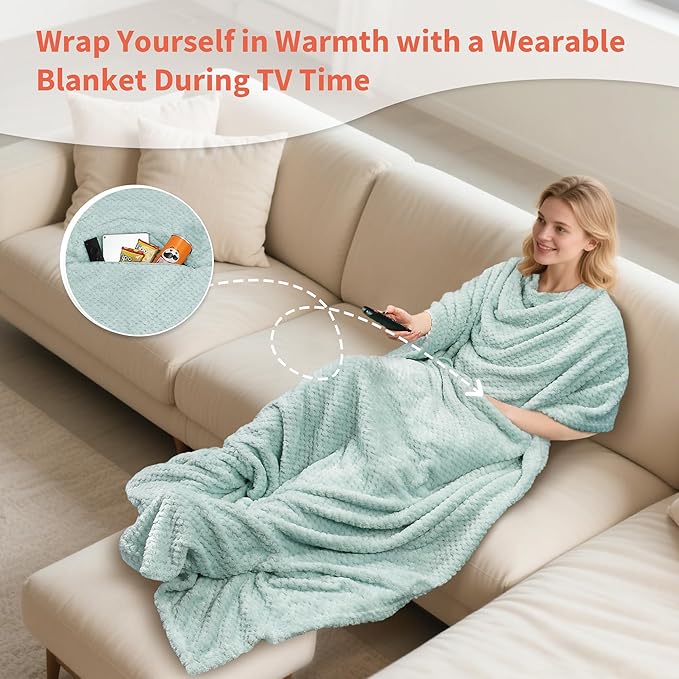 Tirrinia Travel Blanket Airplane Compact with Bag, Soft& Lightweight Wearable Blanket with Foot Pockets for Women Men Adults, Warm Snuggle Blanket, Airplane Travel Essentials,Travel Gifts for Her,Aqua