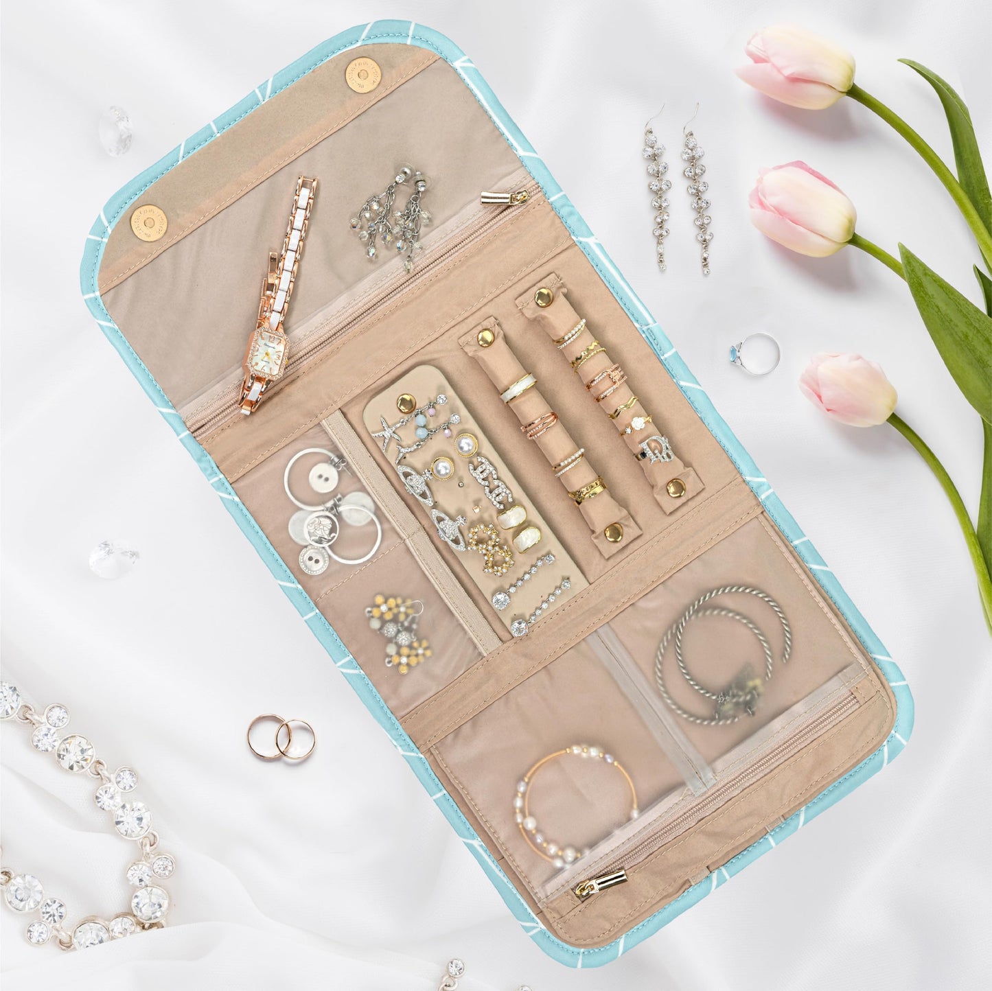 PAVILIA Travel Jewelry Case Organizer, Foldable Jewelry Travel Roll Bag, Small Jewelry Travel Pouch Wallet for Earrings, Rings, Necklaces, Bracelets, Travel Packing Accessories (Chevron Teal)