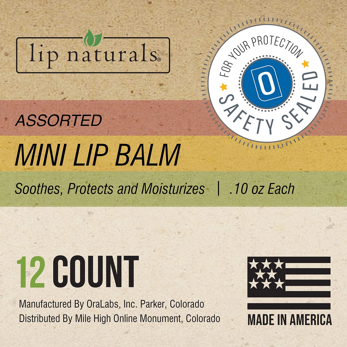 Lip Naturals® | Assorted Mini Lip Balm with Sunscreen (SPF-15) | Made in USA | 12-Count Pack with Bing Cherry, Tea Tree Mint, and Vanilla Bean Flavors (0.10oz/3g Each)