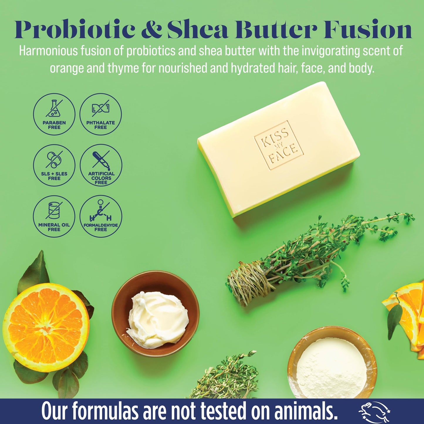 Kiss My Face Effort-Less 3-in-1 Bar Soap - Orange + Thyme - Probiotic Bar Soap for Face, Hair, and Body with Shea Butter - Palm Oil-Free and Cruelty-Free Soap (Orange + Thyme, Pack of 1)