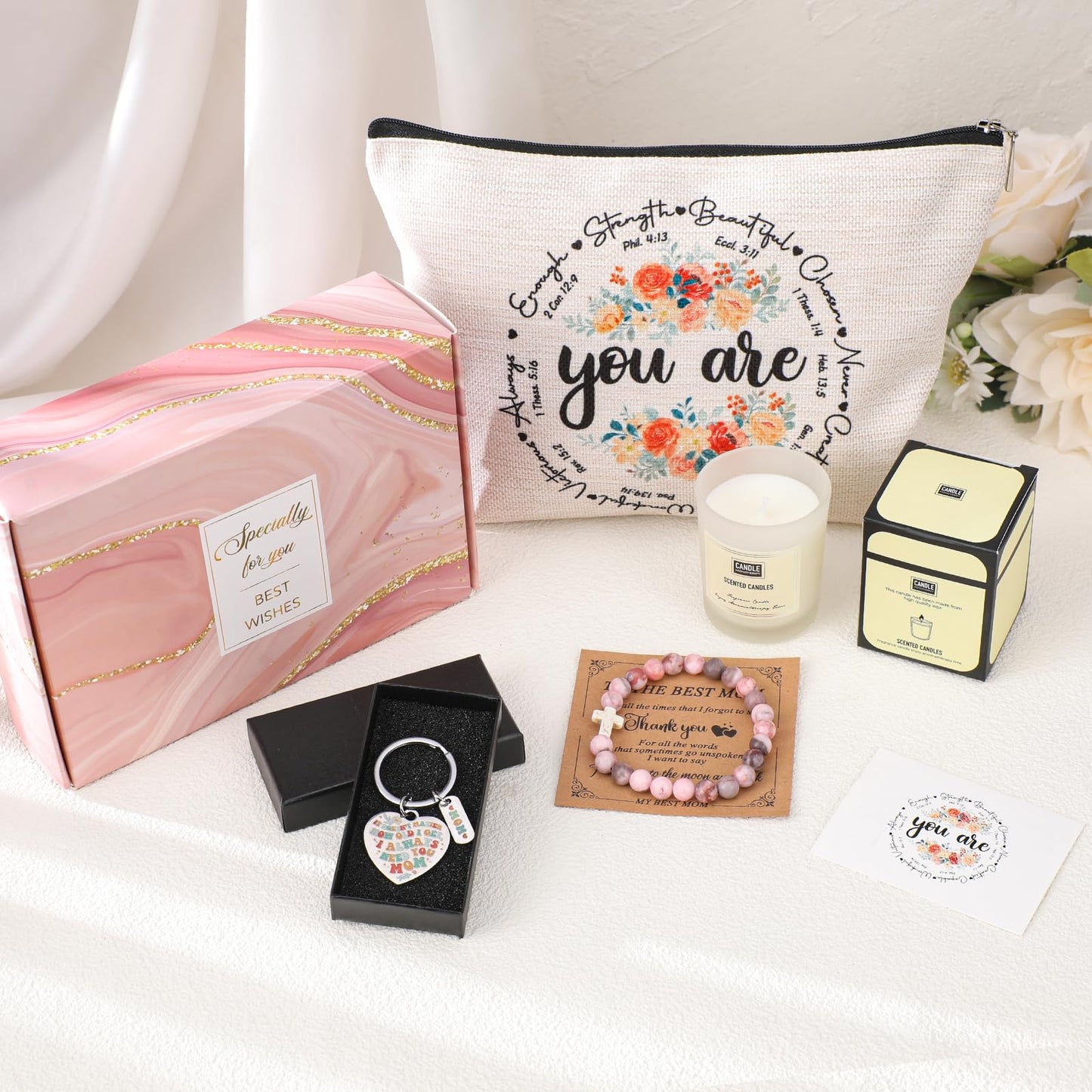 Velokomo Appreciation Gifts for Mom - 5pcs Pink Box Set for Best Mother Birthday Christmas Gift for Women Thank You Present Kit with Makeup Bag Card Bracelet Keychain Candle