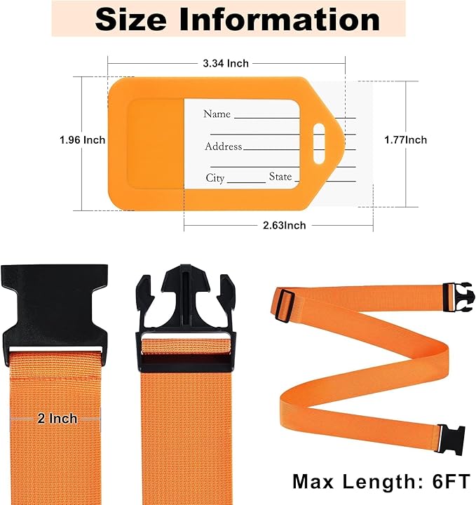 8 Pack Luggage Straps and Tags Set (4 Straps, 4 Tags), Luggage Straps for Suitcases TSA Approved Suitcase Belt Luggage Tags, Orange