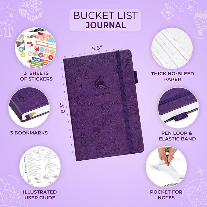 Clever Fox Bucket List Journal – Inspirational Book for Memories & Adventures – Motivational Bucket List Notebook for Couples, A5 (Purple)