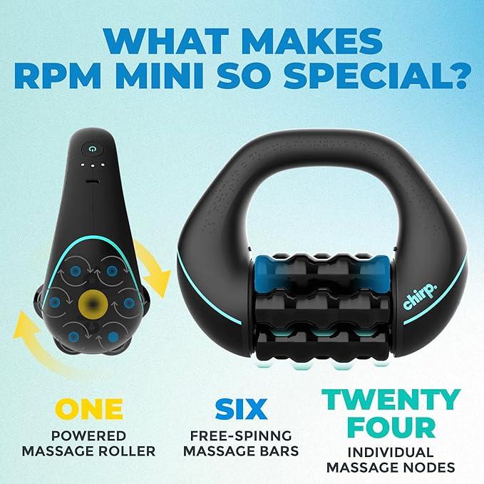 Chirp RPM Mini - Rolling Percussive Massager, Percussive Therapy, Whole Body Relief, Deep Tissue and Muscle Recovery, Percussion Massage, Rechargeable, Hands-Free Base, Powerful, 3-Speed Spin