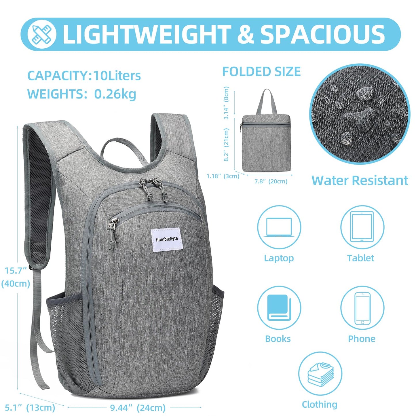 HumbleByte 10L Lightweight Hiking Bag Small Daypack Hiking Backpack Foldable Outdoor Bag for Women Men(Gray)