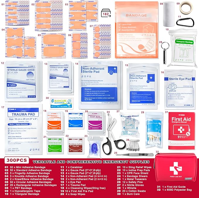 Compact First Aid Kit 300 PCS – Small Waterproof Emergency Medical Kit for Home, Car, Travel, Camping, Hiking, Truck, Office, Sports & Outdoor – Lightweight First Aid Bag