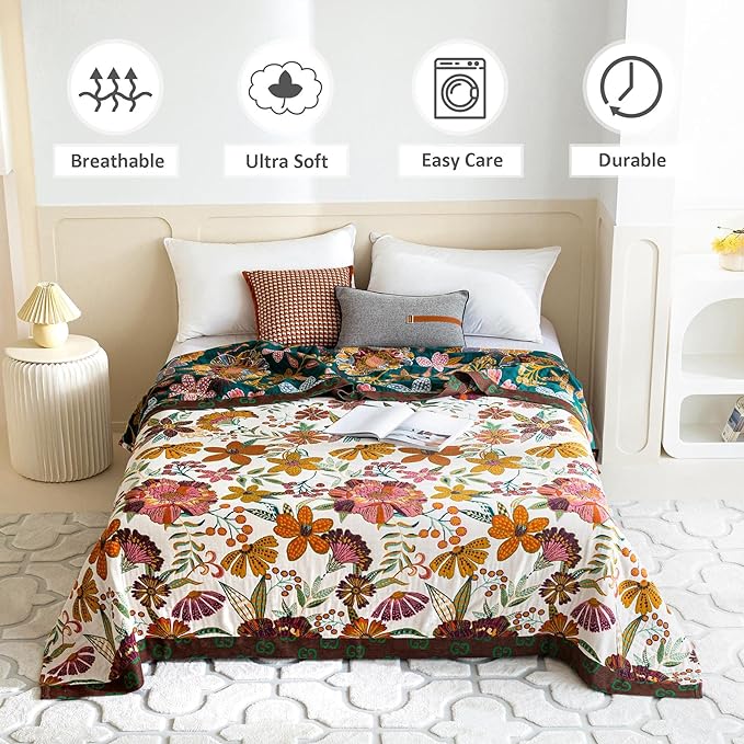 Boho Throw Blanket for Bed 100% Cotton Ultra Soft Rustic Quilt Floral Printed Farmhouse Decor Fall Bed Blankets,60"×80" All Season Rustic Throw for Sofa Couch Chair