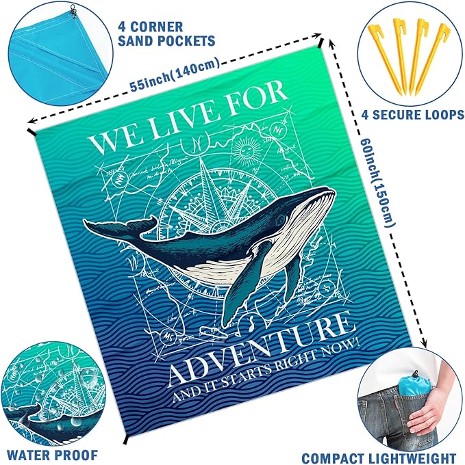 Beach Whale Pocket Picnic Blankets, Blue Ocean Coastal Mini Beach Camping Blanket Waterproof Sandproof, Rustic Sea RV Outdoor Picnic Blanket Mat Gifts for Camper Campsite Travel 55x60in