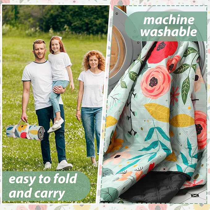 Beach Picnic Blanket Waterproof Sandproof Outdoor Blanket 80''x80'' Extra Large Floral Portable Machine Washable 3 Layer Thick Gingham Picnic Mat for Beach Camping Park Grass(Green)