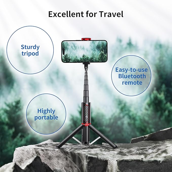 ATUMTEK Selfie Stick Tripod, 3-in-1 Extendable Aluminum Phone Tripod with Detachable Bluetooth Remote, Compatible with iPhone 17/16/15/14/13/12/11/11 Pro/XS Max/XR and Samsung Smartphones, Red