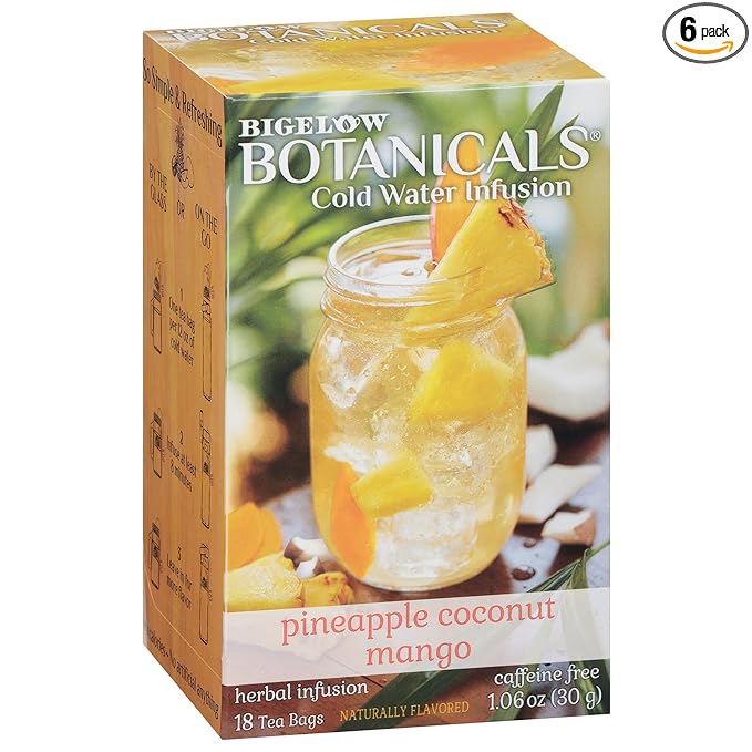 Bigelow Botanicals Pineapple Coconut Mango, Caffeine Free Herbal Tea with Pineapple and Coconut Flavor, 18 Count (Pack of 6), 108 Total Tea Bags