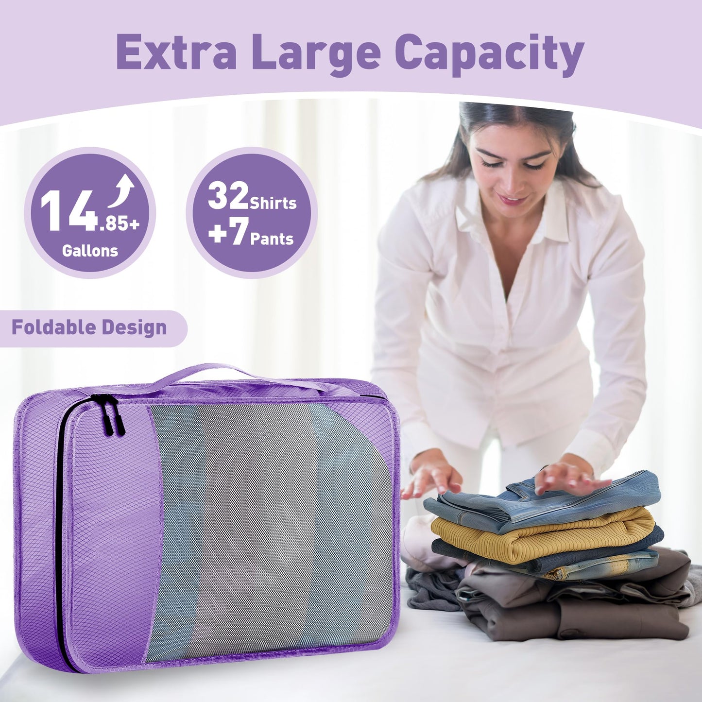 Toncoke 8-Piece Packing Cubes for Travel, Mesh Luggage Organizers with Shoe Bag, Toiletry Bag, Laundry Pouches, 4 Sizes (XL/L/M/S) for Suitcase Organization, Men Women Kids, Purple