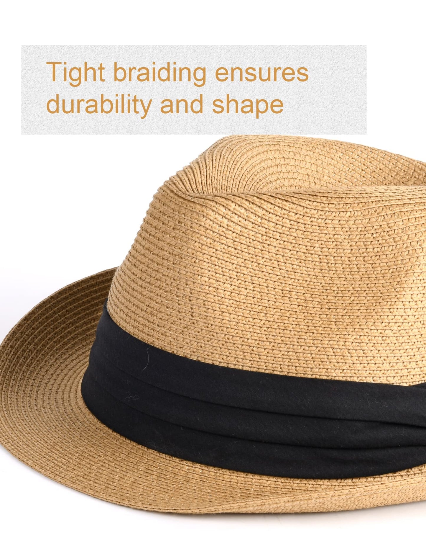 FURTALK Fedora Straw Sun Hat for Men Women Short Brim Panama Beach Hat UPF 80+ Khaki