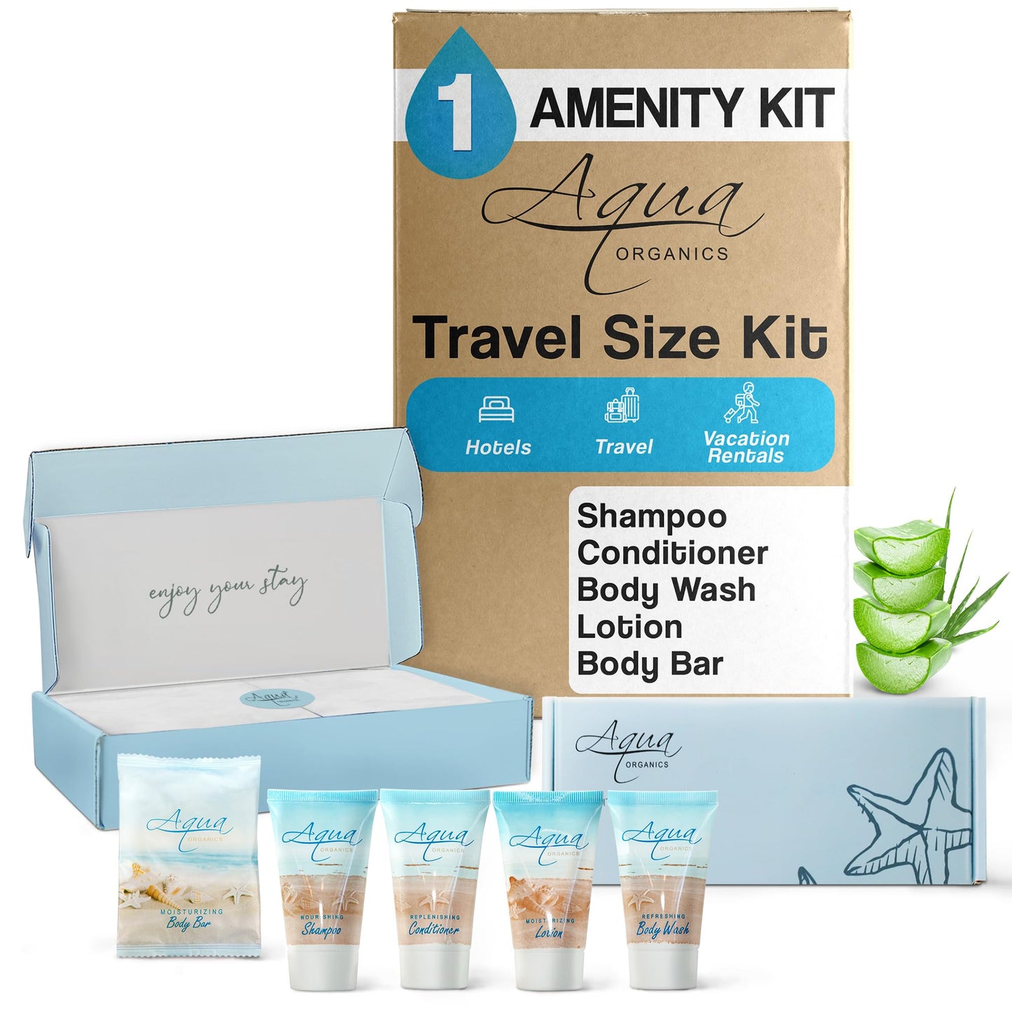 1-Shoppe Aqua Organics Amenity Kit | Boxed Hotel Toiletries Bulk Set | 1 oz Shampoo, Conditioner, Lotion, Body Wash & Bar Soap | 5 piece set