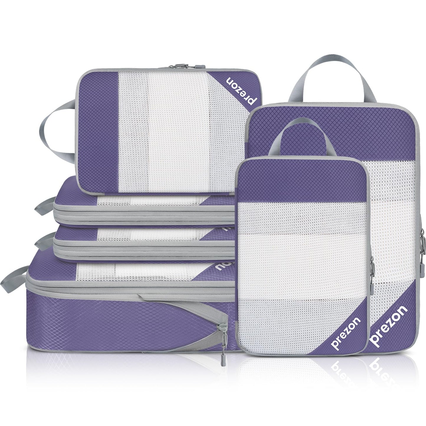 Prezon 8 Set/6 Set/4 Set Compression Packing Cubes for Travel, Lightweight Vacation Travel Essentials,Accessories for Suitcase Organizer Bags Set, Durable Luggage Organizer （6-half mesh-Purple）