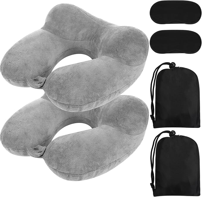 Sintuff 2 Pack Inflatable Travel Pillow for Airplanes Inflatable Neck Flight Pillows with Compact Bag and Blindfold for Traveling, Airplane, Train, Car, Office(Gray)