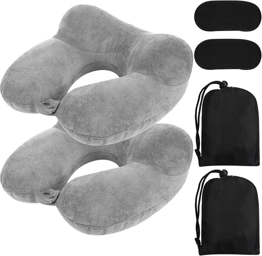 Sintuff 2 Pack Inflatable Travel Pillow for Airplanes Inflatable Neck Flight Pillows with Compact Bag and Blindfold for Traveling, Airplane, Train, Car, Office(Gray)