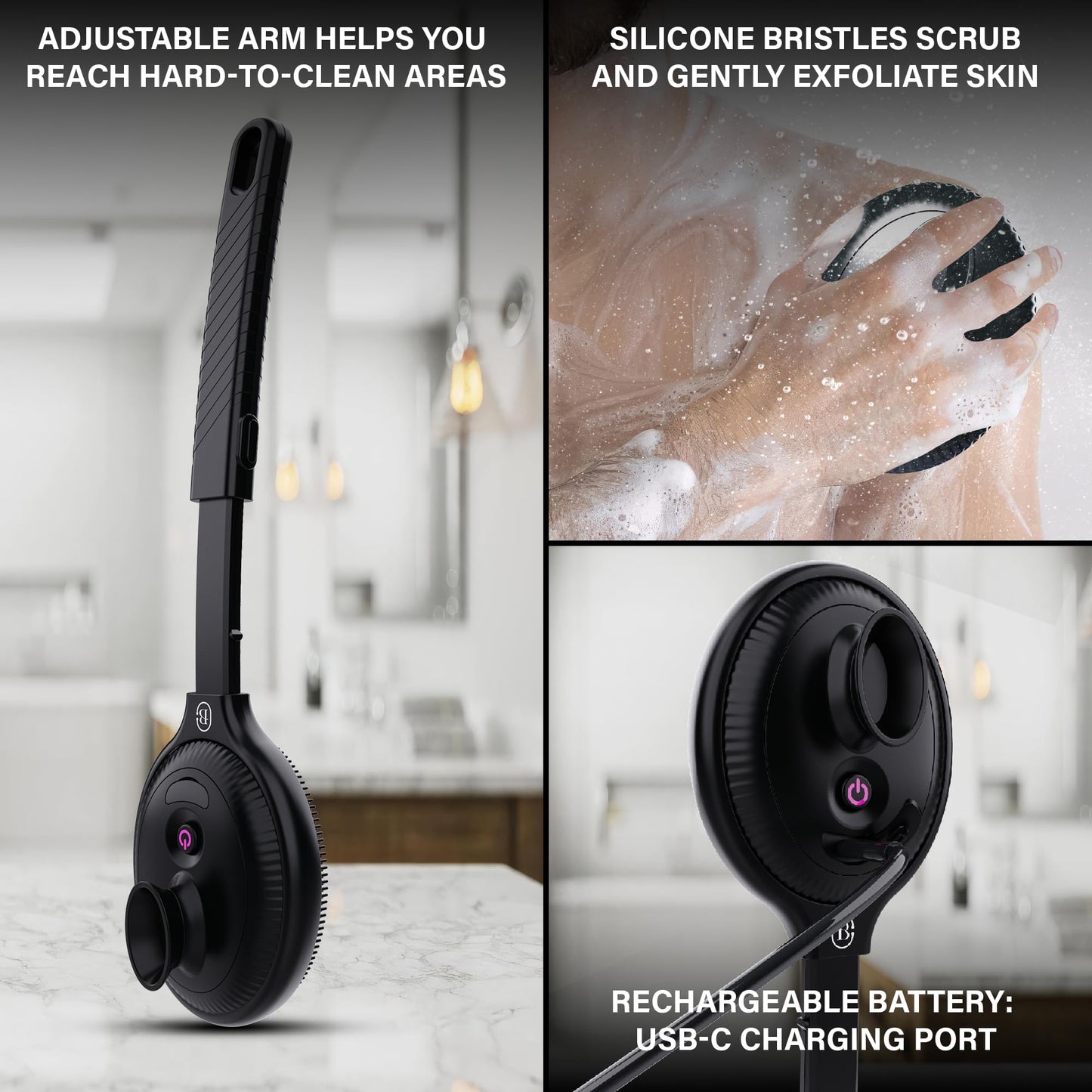 Bella Ciao Electric Shower Scrubber, Silicone Body Scrubber with 4 Vibrating Modes, Detachable Brush, and Long Handle, Waterproof Shower Body Brush, Black