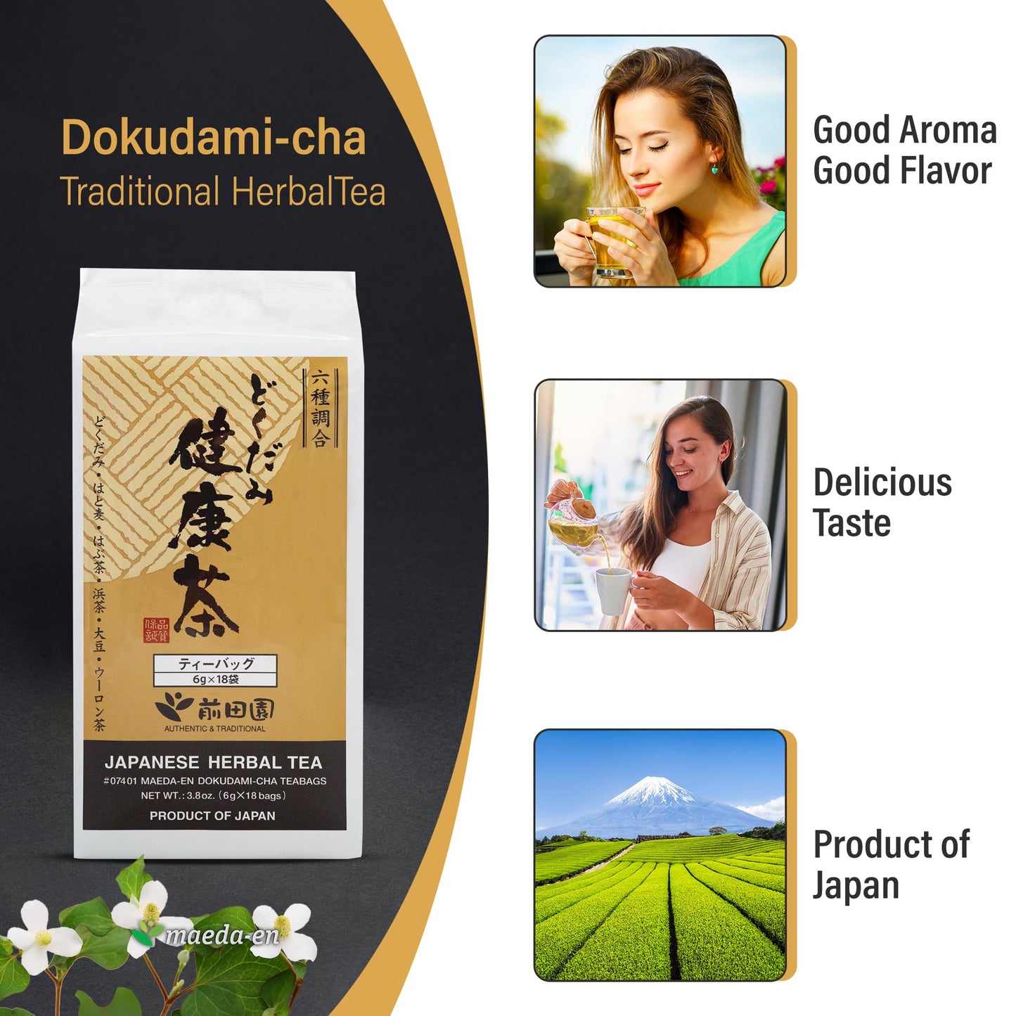 MAEDA-EN Dokudami-cha: Heartleaf Tea, Japanese Traditional Detox Herbal Tea 18 tea bags 07401 1pk