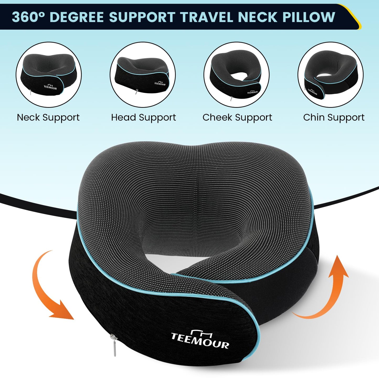 Upgraded Neck Pillow for Airplane Travel - 360° Support Stops Head Bobbing, Memory Foam Travel Pillow With Eye Mask & Earplugs, Portable Carry Bag for Long Flights/Car| Best Airplane Accessories Black