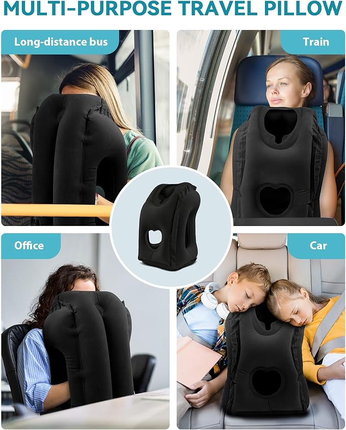 JefDiee Inflatable Travel Pillow, Airplane Neck Pillow Comfortably Supports Head and Chin for Airplanes, Trains, Cars Office Napping on The Tray Table (Black)