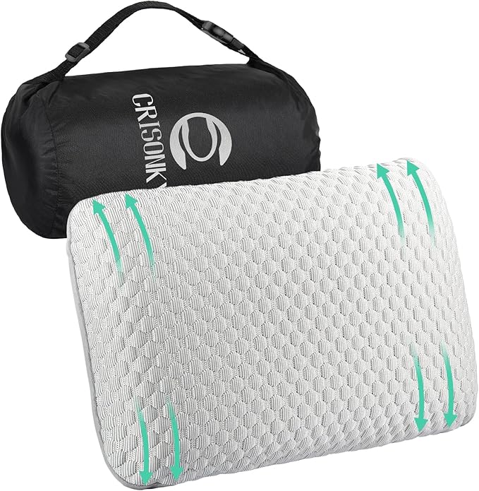 Travel and Camping Pillow- Compressible Medium Firm Memory Foam Pillow with Carry Bag for Backpacking & Airplane, Lumbar Support. Breathable Cooling Fabric, Washable Pillowcase (Royal Silver)