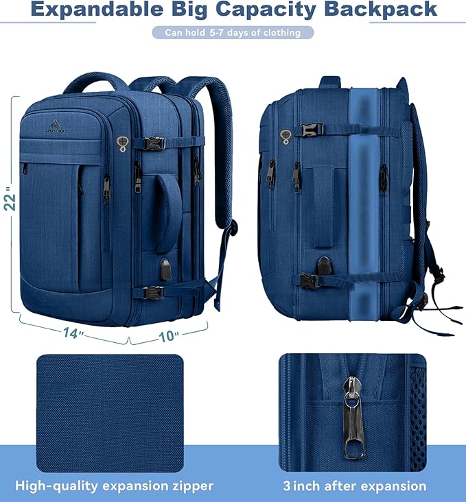 60L Big Capacity Carry On Laptop Backpack Large Travel Backpack for Men, Expandable Water Resistant Overnight Weekender Luggage Gym Daypack Rucksack Traveling Backpack, Traveler Gifts, Blue