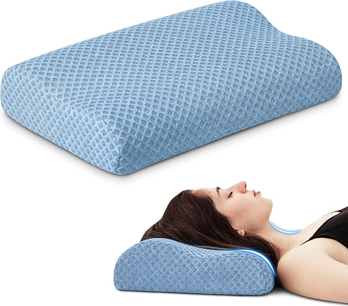 Travel Pillow Memory Foam Pillows, Ergonomic Wave Cervical Neck Pillow for Neck Pain Relief, Compressible Medium Firm Side Sleeper Pillow, Ideal for Camping, Office, Home & Bed (Blue, M)