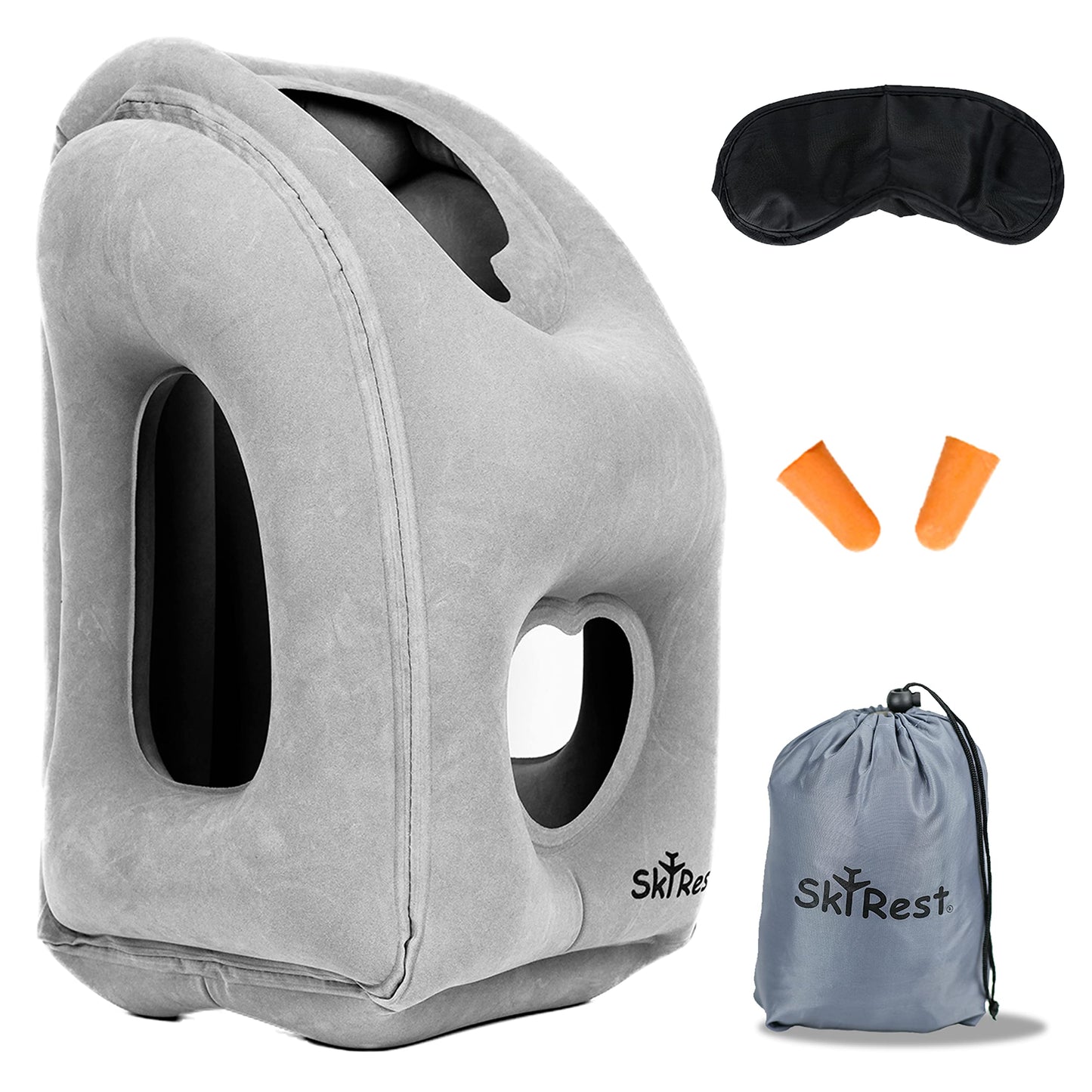 Skyrest Inflatable Travel Pillow - Airplane Pillow for Neck Support on Long Flights, Buses, Cars, Office & Trains - Comes with Eye Mask, Earplugs & Portable Drawstring Bag - Grey